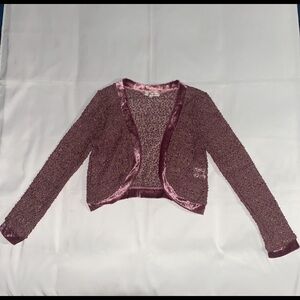Long Sleeve Mauve Crochet/Knit Velvet Trim Shrug Top